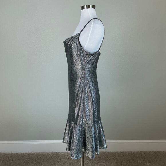 Silver Metallic Sleeveless Midi Sheath Cocktail Dress Size 10 Nightway Cowl Neck - Picture 5 of 13